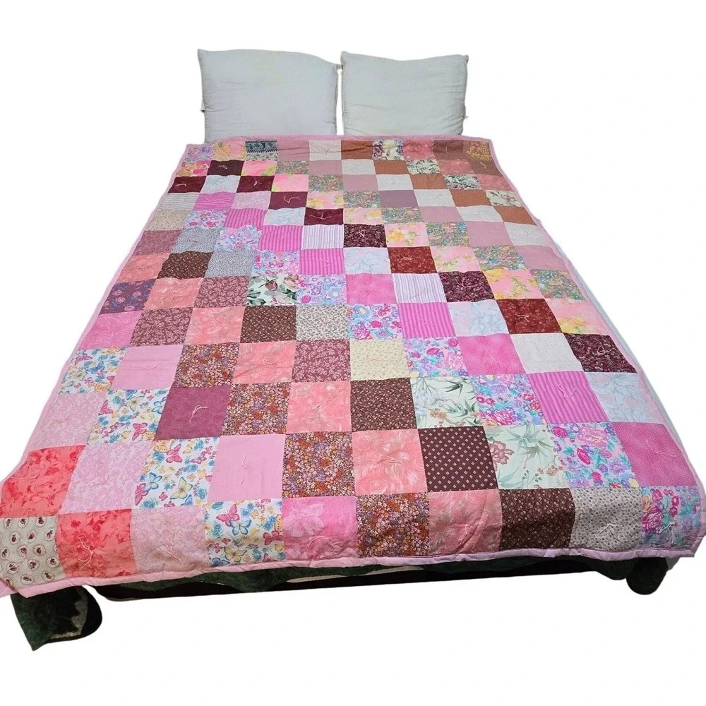New Handmade Patchwork Quilt Pink Floral Butterflies Queen Bedding Cover /0190‎
